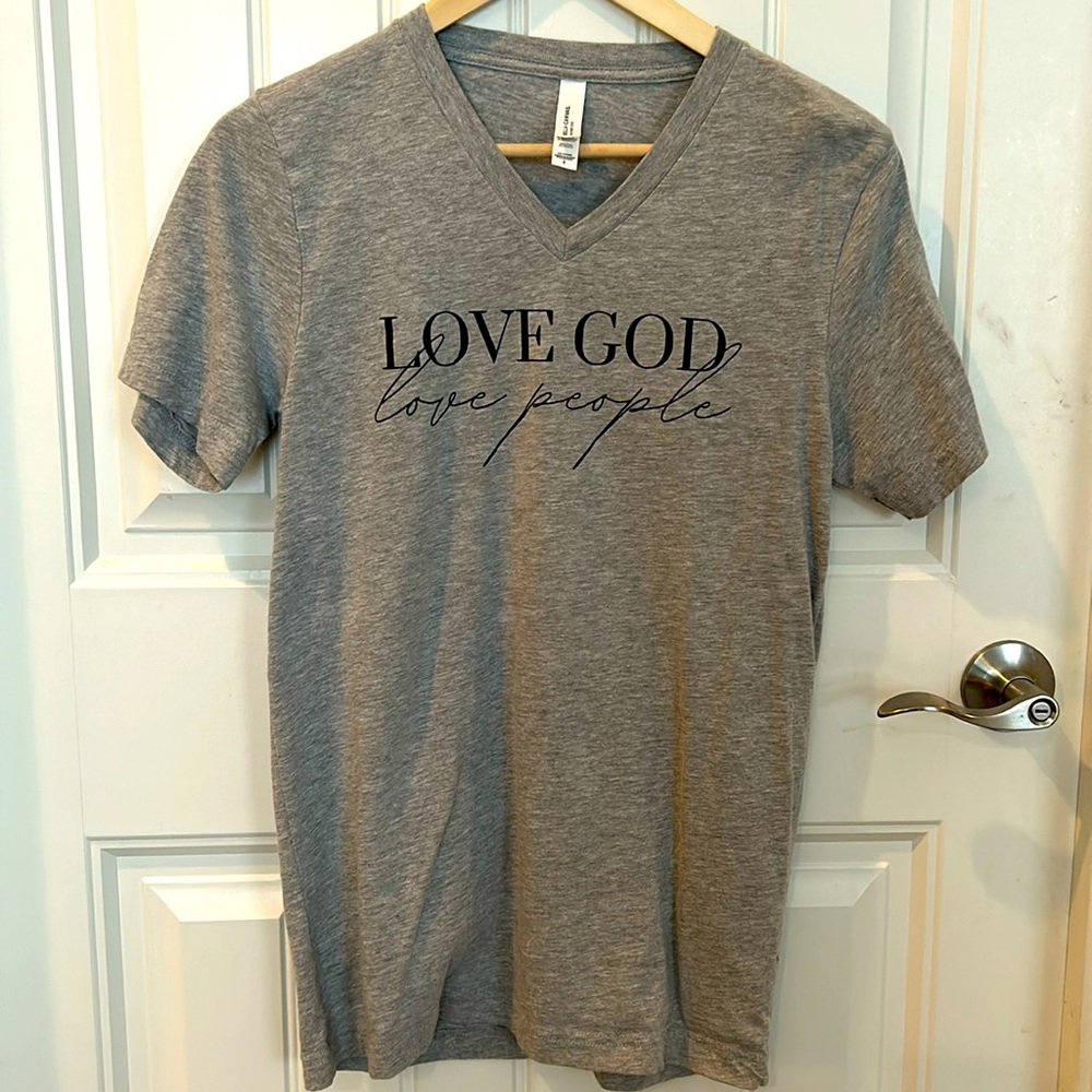 Love God Love People gray t-shirt. Size small